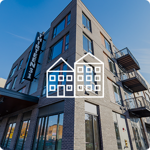 Apartment with an icon overlaying image.