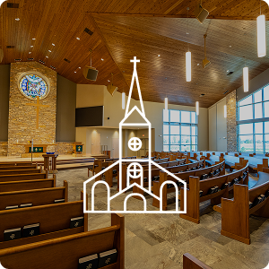 Interior of a church with a church icon overlaying image.