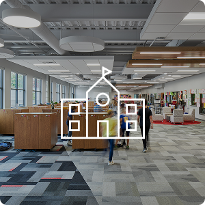 Interior of a school hallway with a school icon overlaying image.