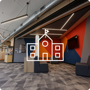 Higher ed hallway with a school icon overlaying image.