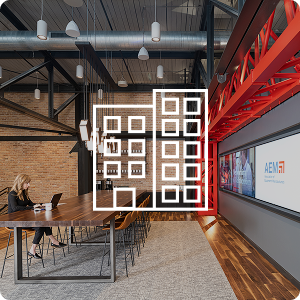 Interior of an office with an office icon overlaying image.