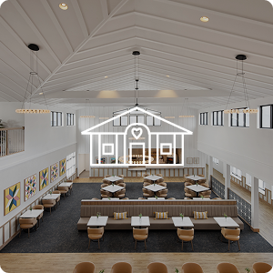 Senior living dining hall with an icon overlaying image.