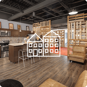 Interior of a hospitality space with an icon over the image.