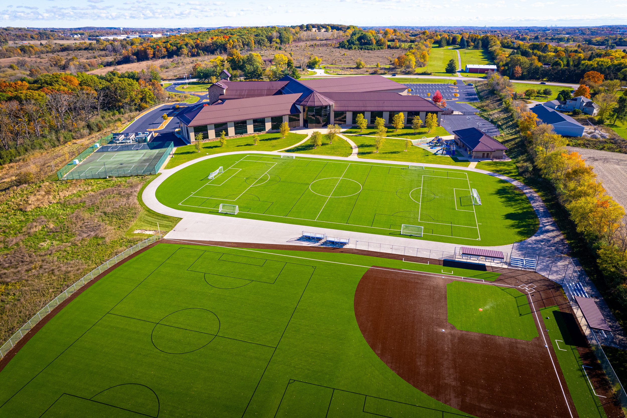 Exterior back shot of CELA athletic fields.
