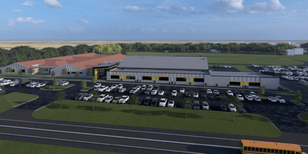 Aerial rendering of Shoreland Lutheran High School, featuring school buildings, a large parking lot, and yellow-accented windows and entrances.